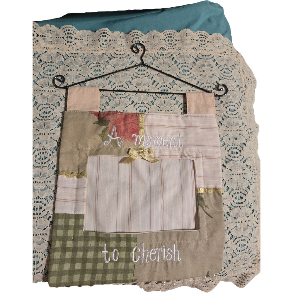 Shabby Chic Fabric Patchwork Photo Holder Wall Hanging Wire Scroll Hanger